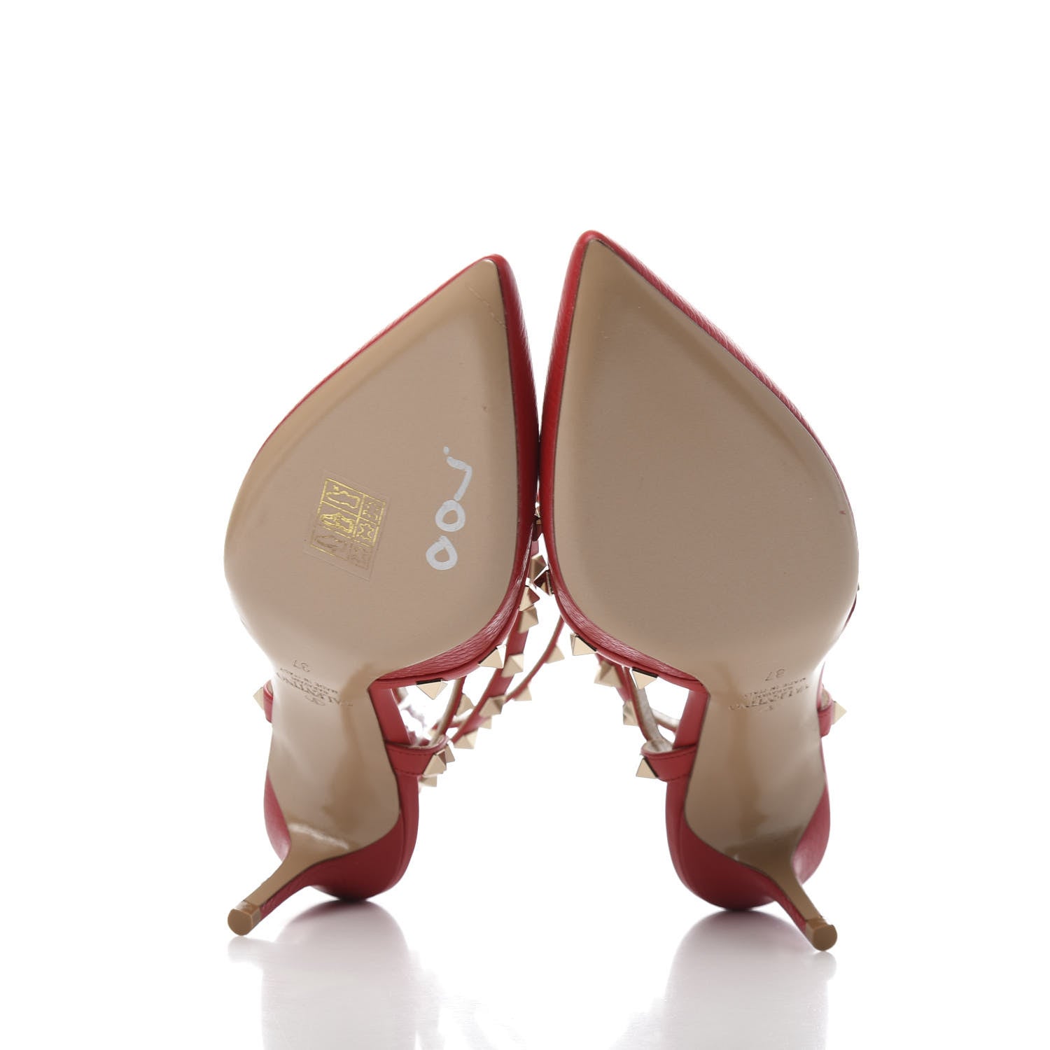 Valentino Garavani Pebbled Calfskin Rockstud Ankle Strap Low Heel Pumps 37 Rosso 5 of 9