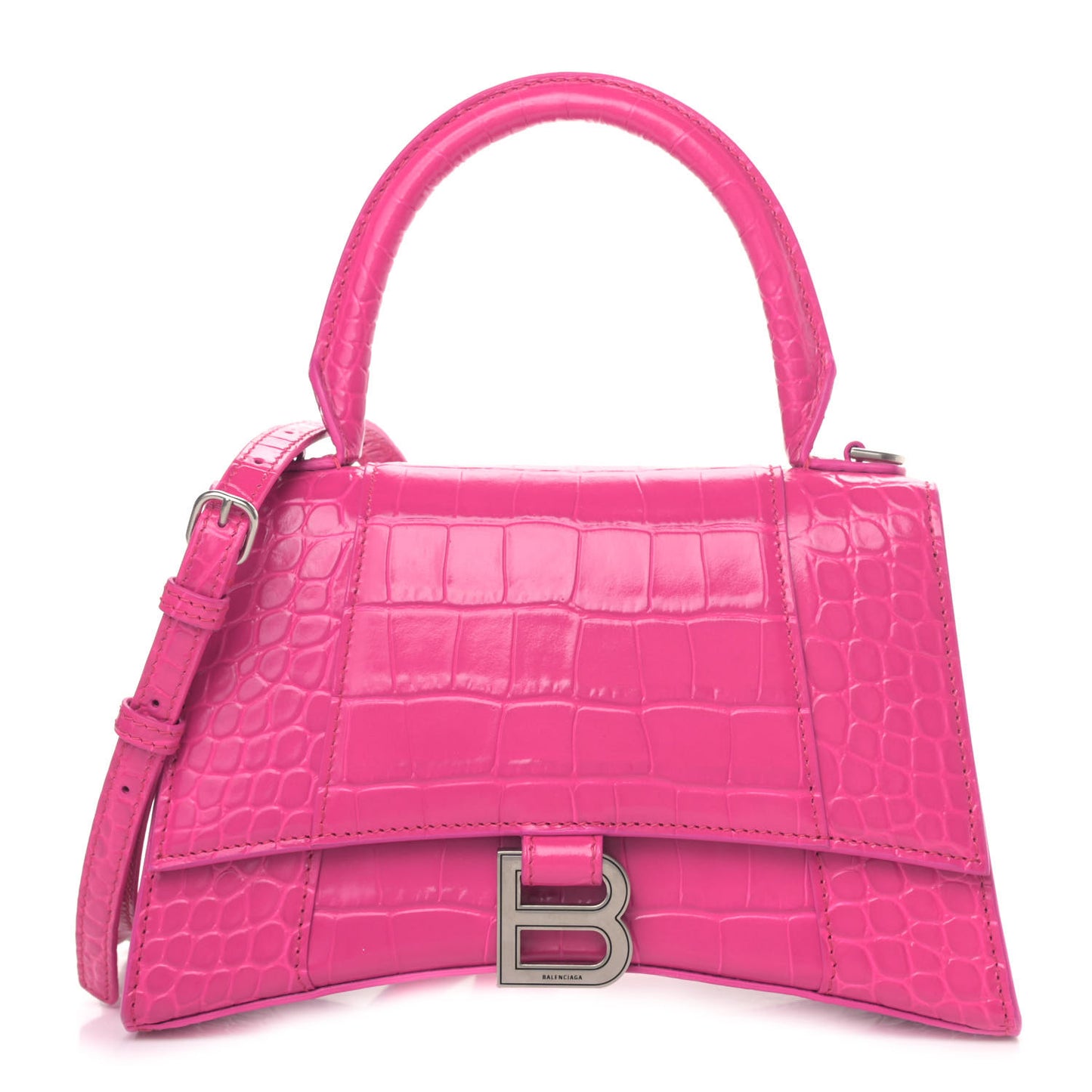 Shiny Calfskin Crocodile Embossed Small Hourglass Top Handle Bag Fuchsia