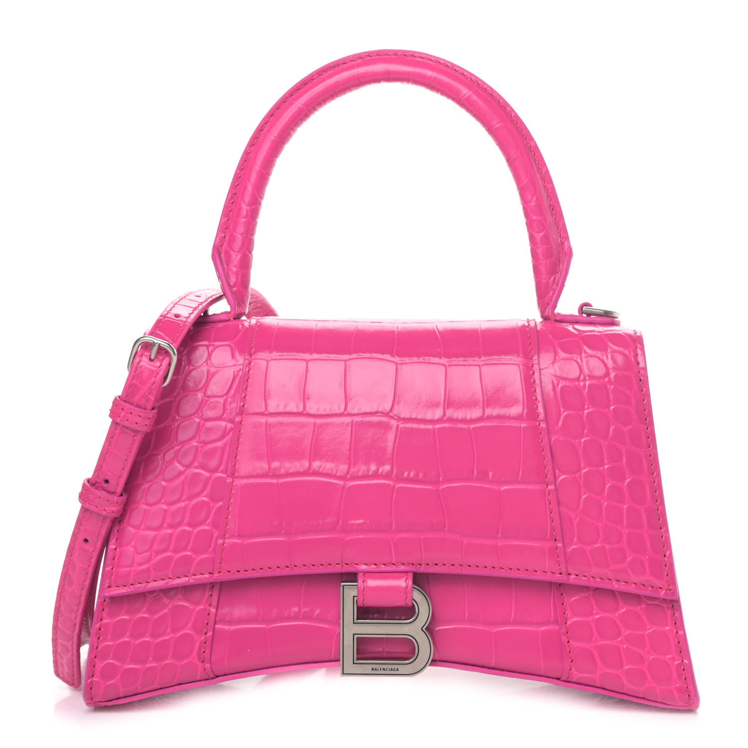 Balenciaga Shiny Calfskin Crocodile Embossed Small Hourglass Top Handle Bag Fuchsia 1 of 4