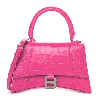 Balenciaga Shiny Calfskin Crocodile Embossed Small Hourglass Top Handle Bag Fuchsia 1 of 4