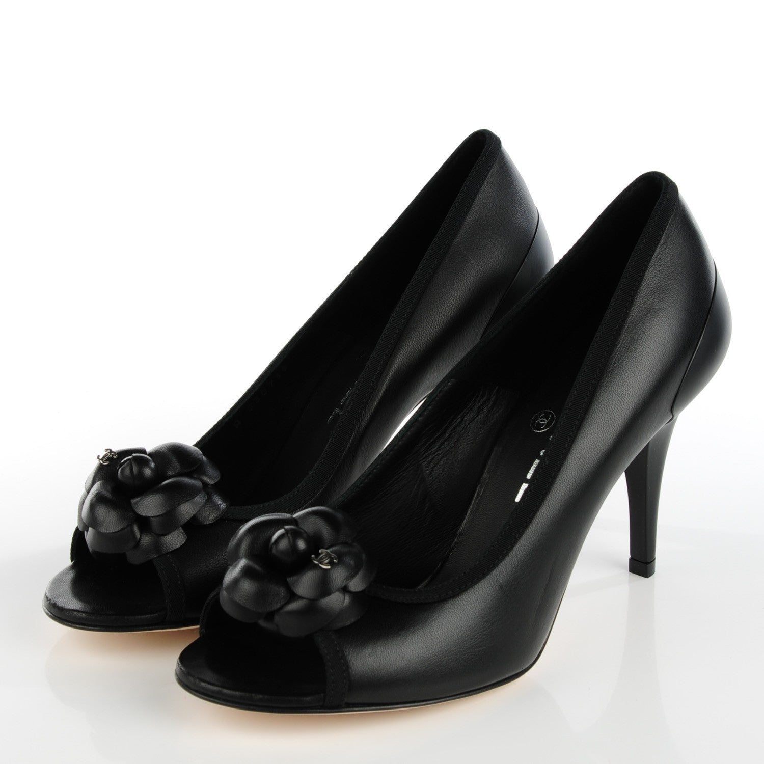 Chanel Lambskin Camellia Peep Toe Pumps 38 Black 3 of 9