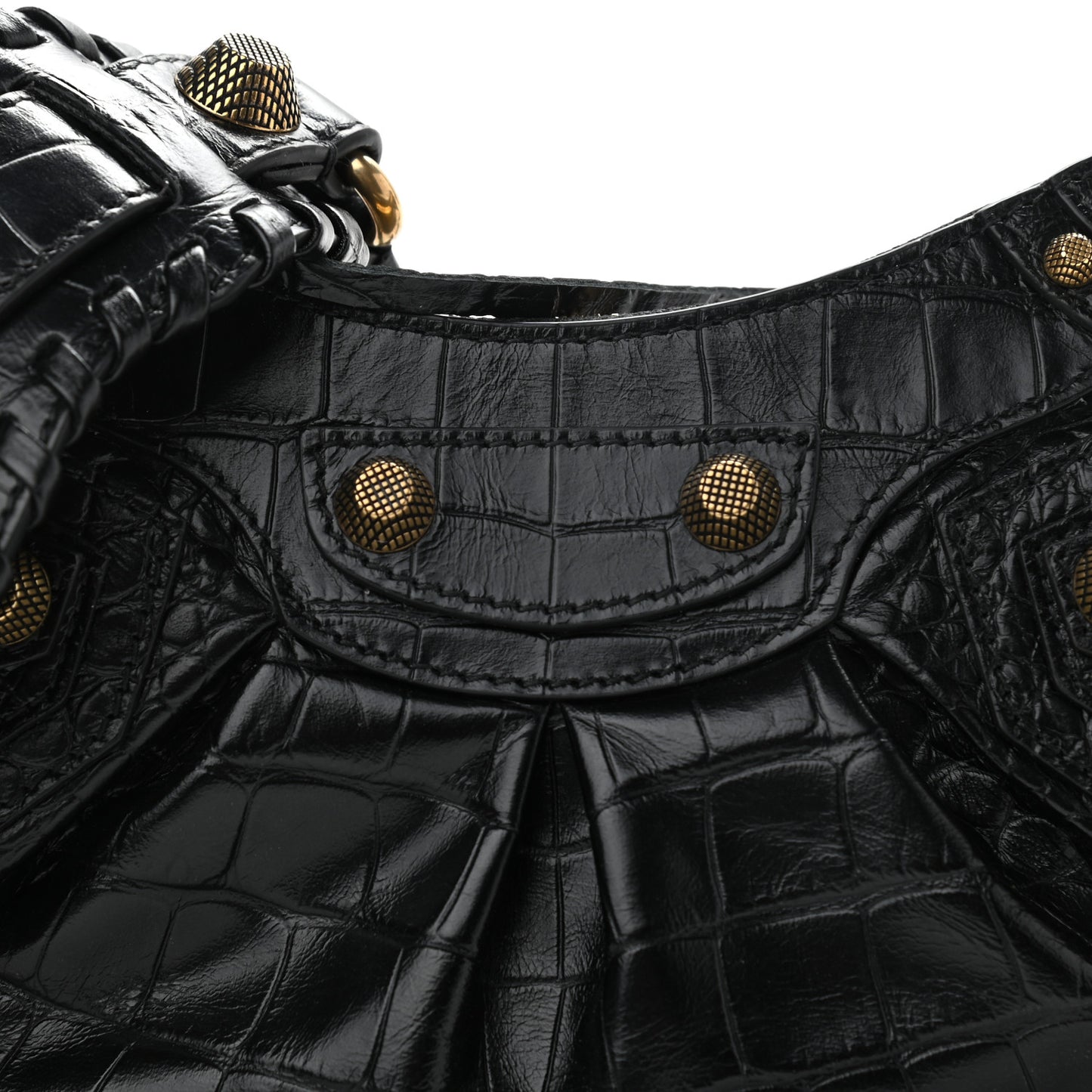Extra Supple Calfskin Crocodile Embossed Le Cagole Shoulder Bag XS Black