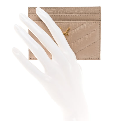 Saint Laurent Grain De Poudre Matelasse Chevron Monogram Credit Card Case Dark Beige 2 of 8