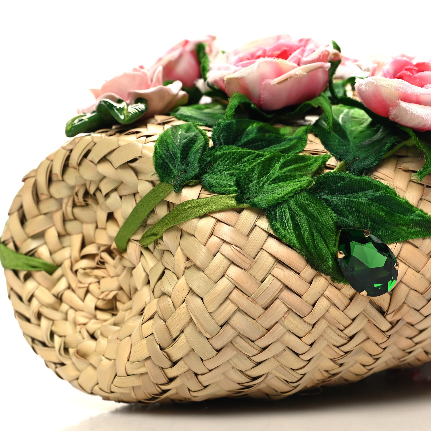 Dolce & Gabbana Woven Raffia Calfskin Rose Embellished Mini Kendra Tote Pink Multicolor 9 of 9