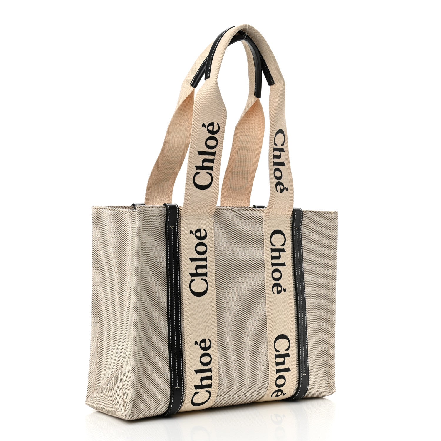 Chloe Cotton Calfskin Medium Woody Ribbon Tote White Black 3 of 9