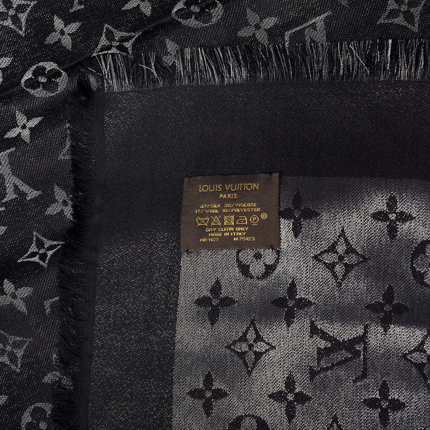 Silk Wool Monogram Denim Shawl Black