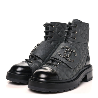 Chanel Calfskin Shiny Calfskin Quilted Lace Up Combat Boots 36 Dark Grey Black 4 of 11