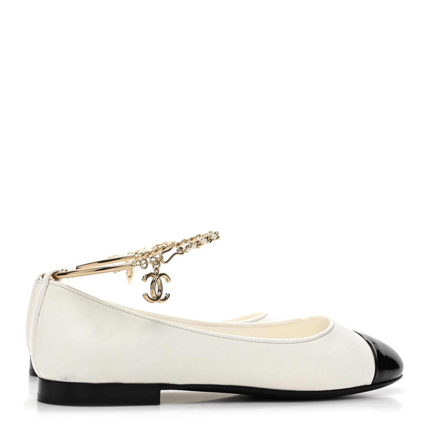Lambskin Patent Calfskin Cap Toe Ankle Chain Ballerina Flats 36 White Black