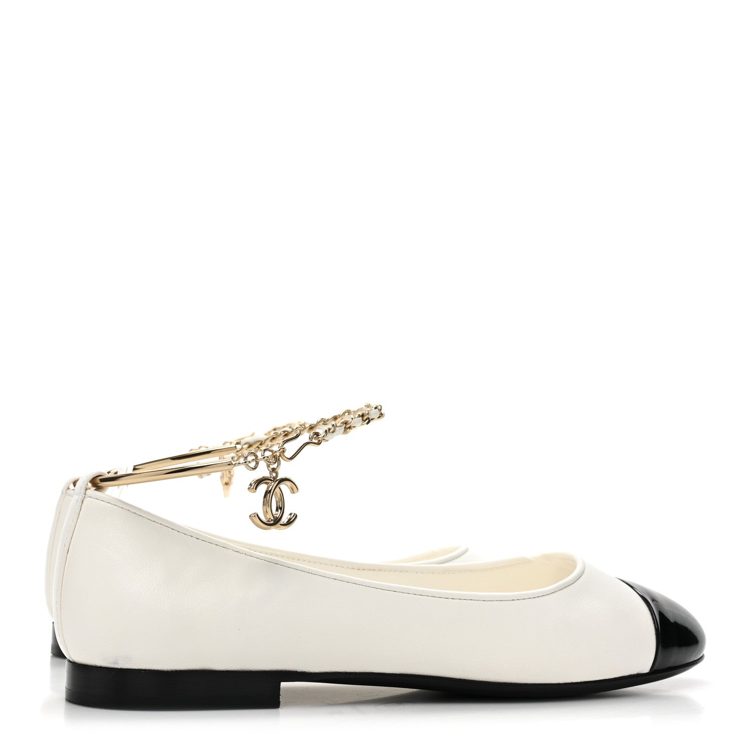 Chanel Lambskin Patent Calfskin Cap Toe Ankle Chain Ballerina Flats 36 White Black 4 of 9