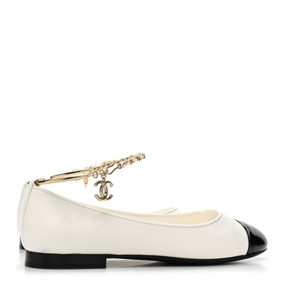Chanel Lambskin Patent Calfskin Cap Toe Ankle Chain Ballerina Flats 36 White Black 4 of 9