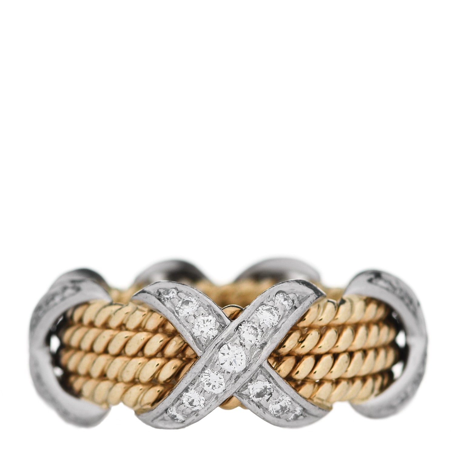 Tiffany 18K Yellow Gold Platinum Diamond Schlumberger Rope Four Row X Ring 53 6.25 1 of 6
