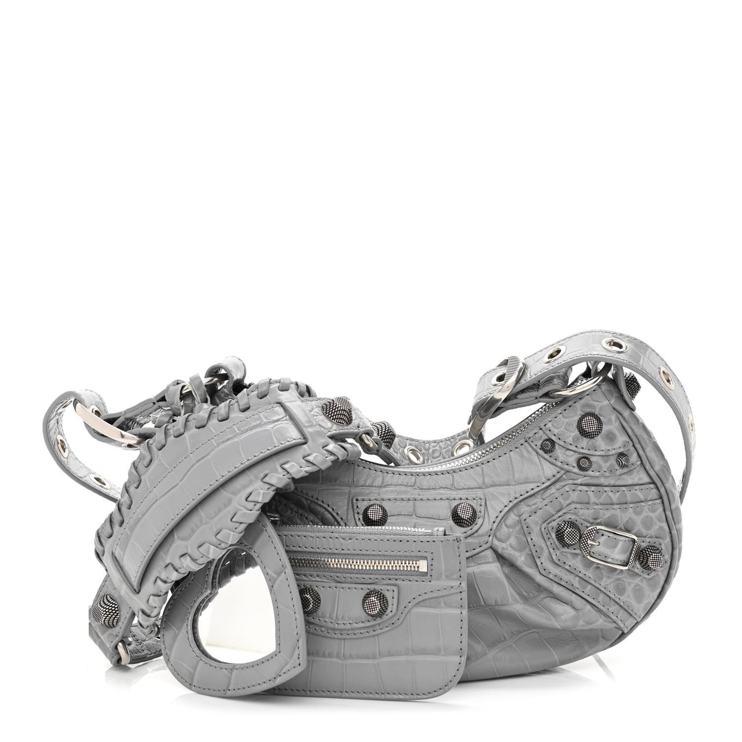 Extra Supple Calfskin Crocodile Embossed Le Cagole Shoulder Bag XS Balenciaga Grey