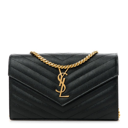 Saint Laurent Grain De Poudre Matelasse Chevron Monogram Chain Wallet Black 1 of 9