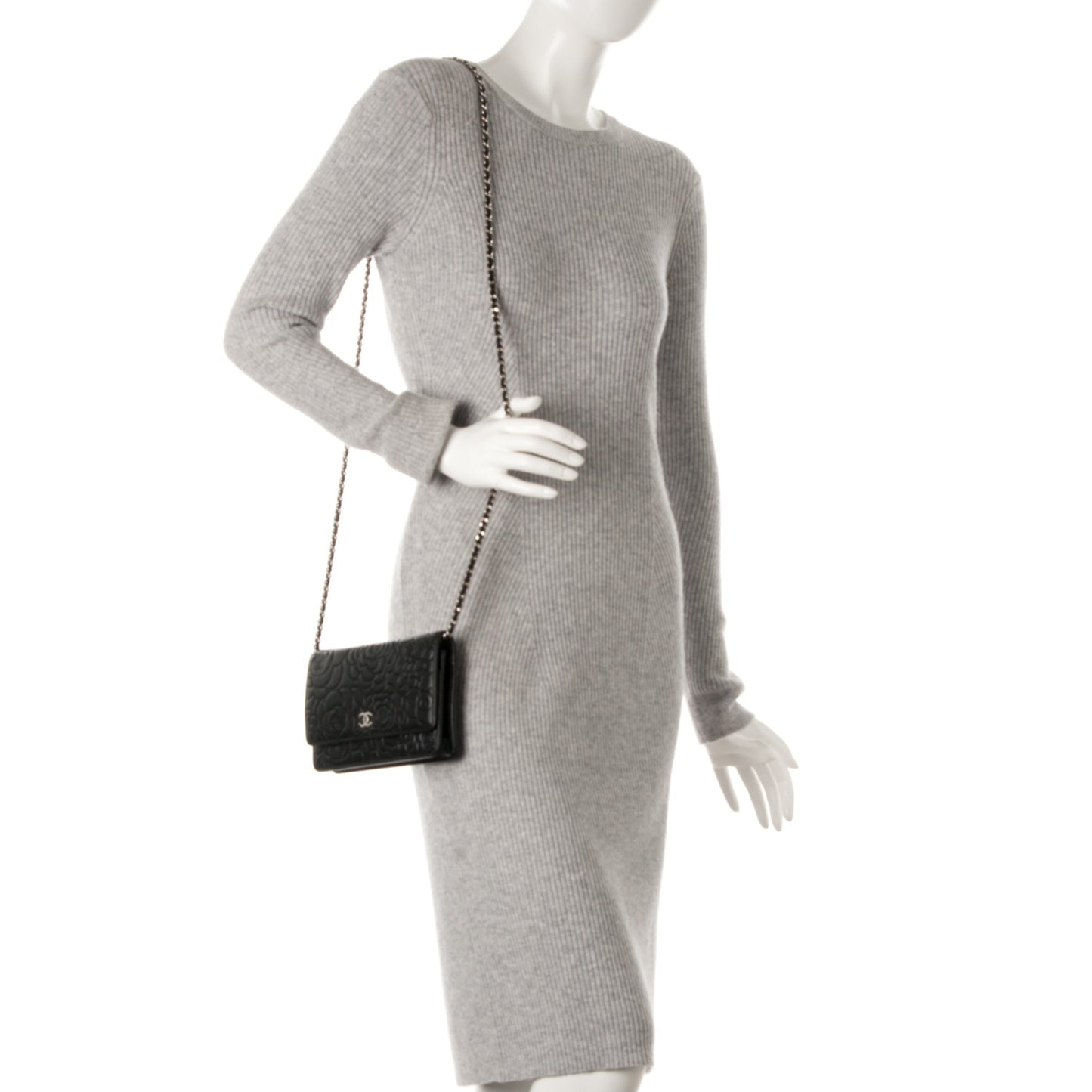 Lambskin Camellia Embossed Wallet On Chain WOC Black