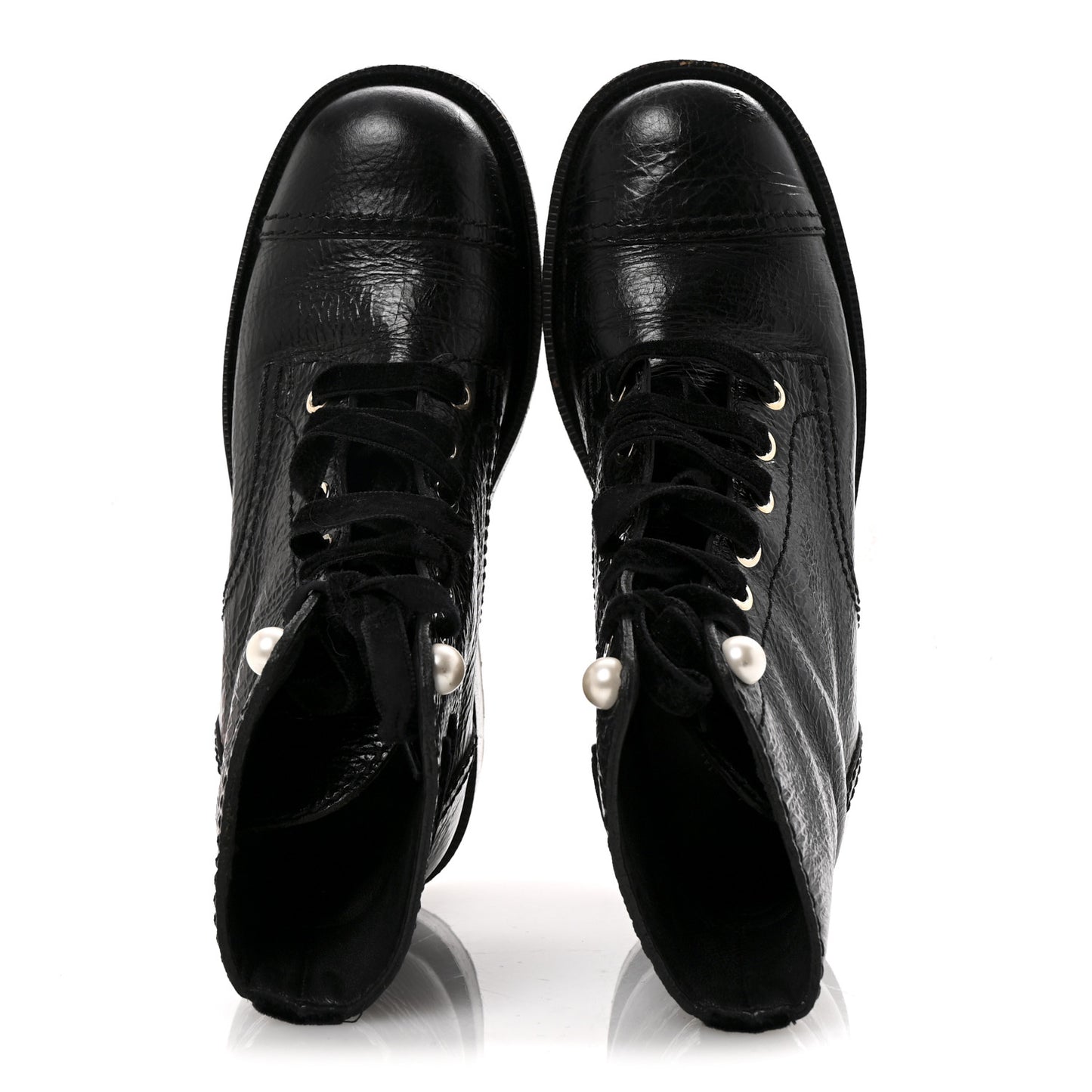 Shiny Calfskin Velvet Pearl Combat Short Boots 36 Black