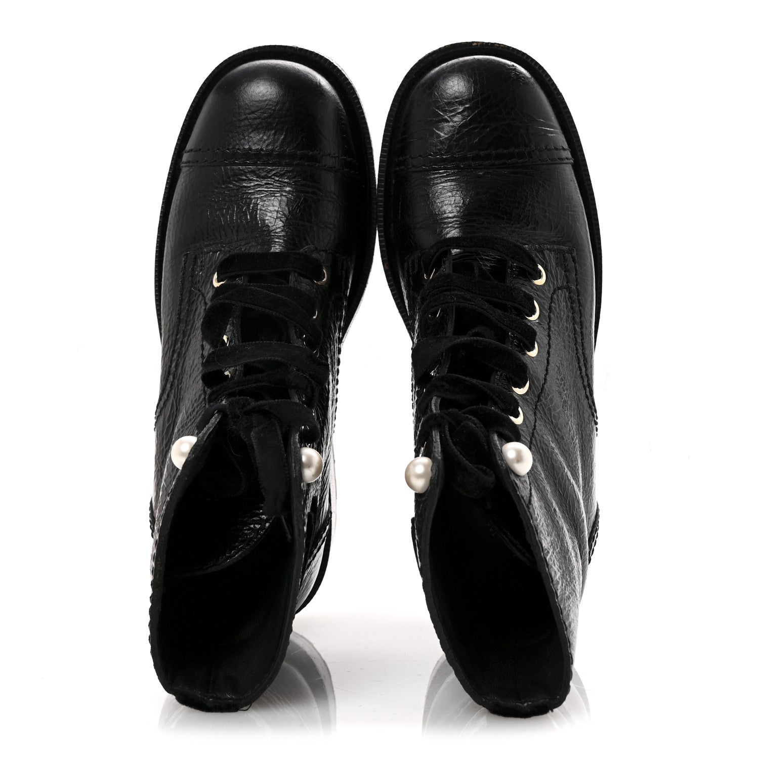 Chanel Shiny Calfskin Velvet Pearl Combat Short Boots 36 Black 2 of 12