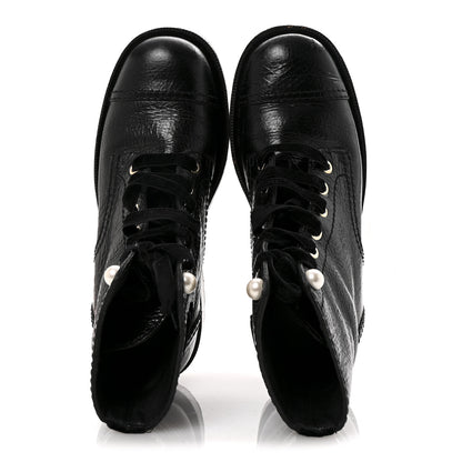 Chanel Shiny Calfskin Velvet Pearl Combat Short Boots 36 Black 2 of 12