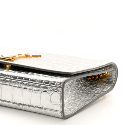 Saint Laurent Calfskin Crocodile Embossed Monogram Chain Wallet Argento 9 of 11