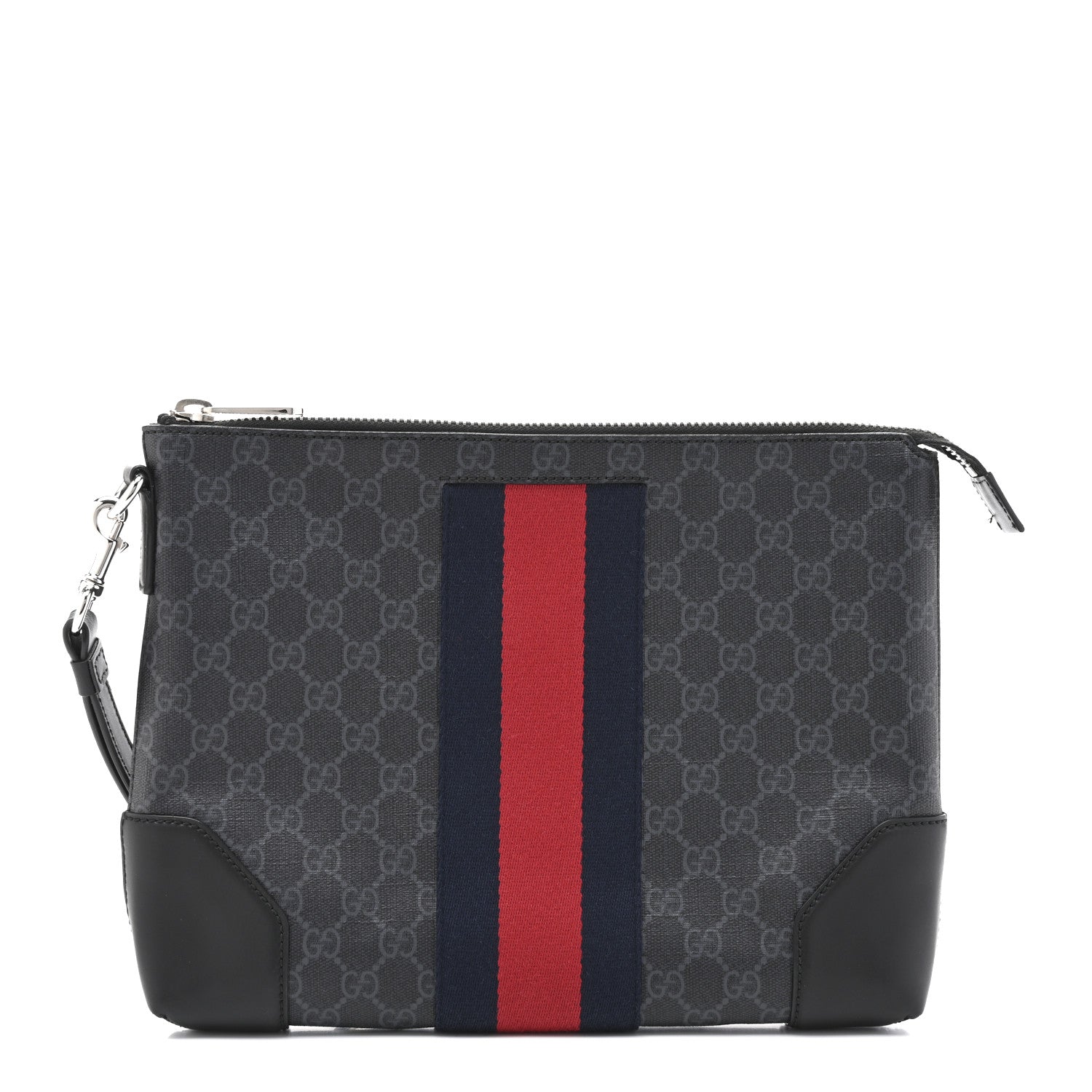 Gucci GG Supreme Monogram Calfskin Web Flat Wristlet Black Grey 1 of 9