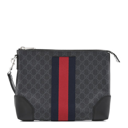 Gucci GG Supreme Monogram Calfskin Web Flat Wristlet Black Grey 1 of 9