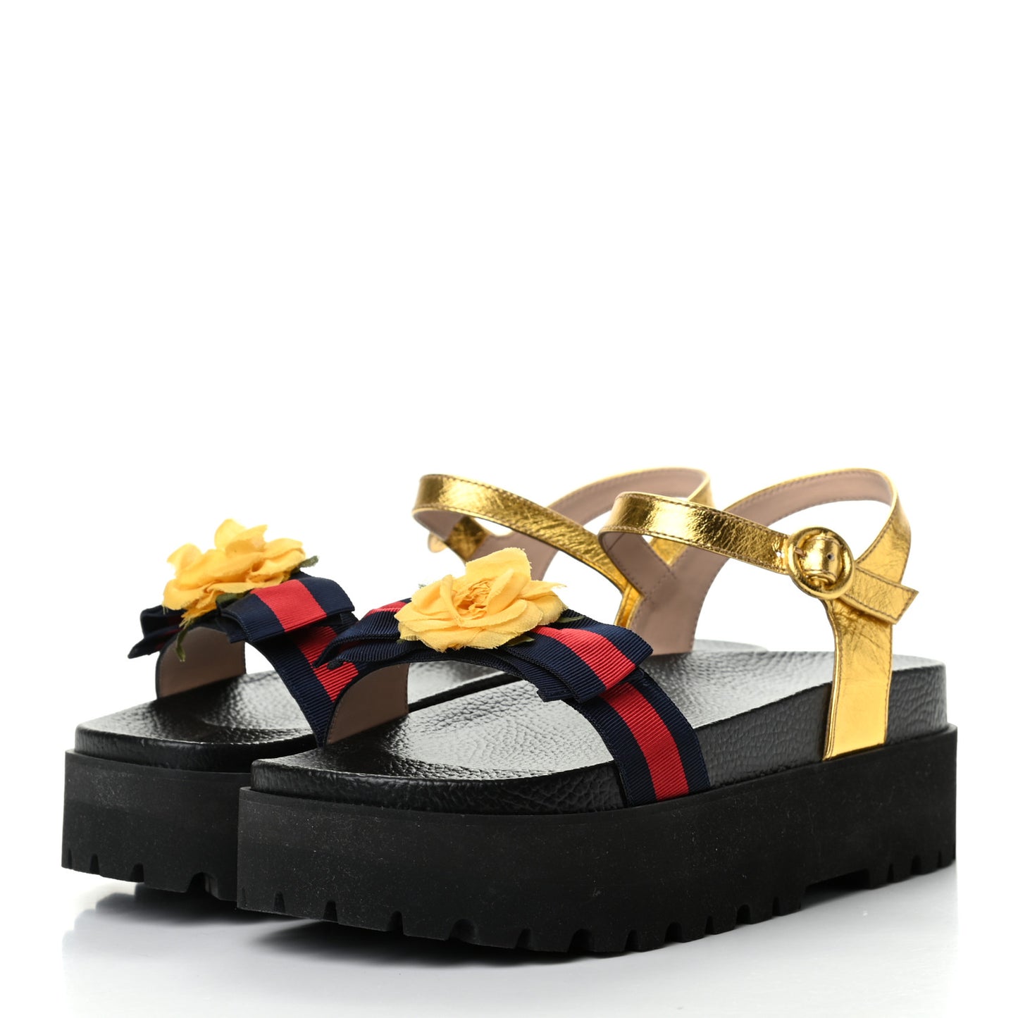 Metallic Calfskin Web Platform Lug Sole Sandals 40.5 Gold