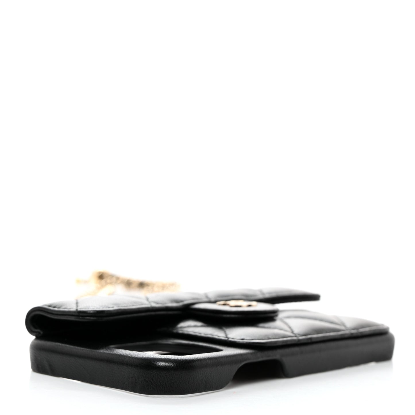 Lambskin Quilted Pearl Crush iPhone XII Pro Holder With Chain Black