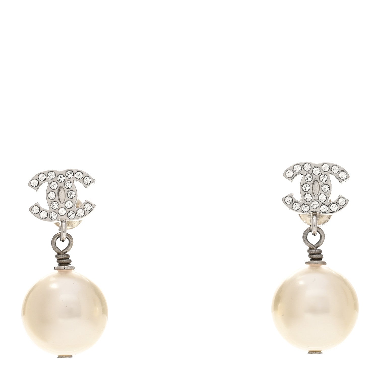 Chanel Crystal Pearl CC Drop Earrings Silver Pearly White 1 of 4
