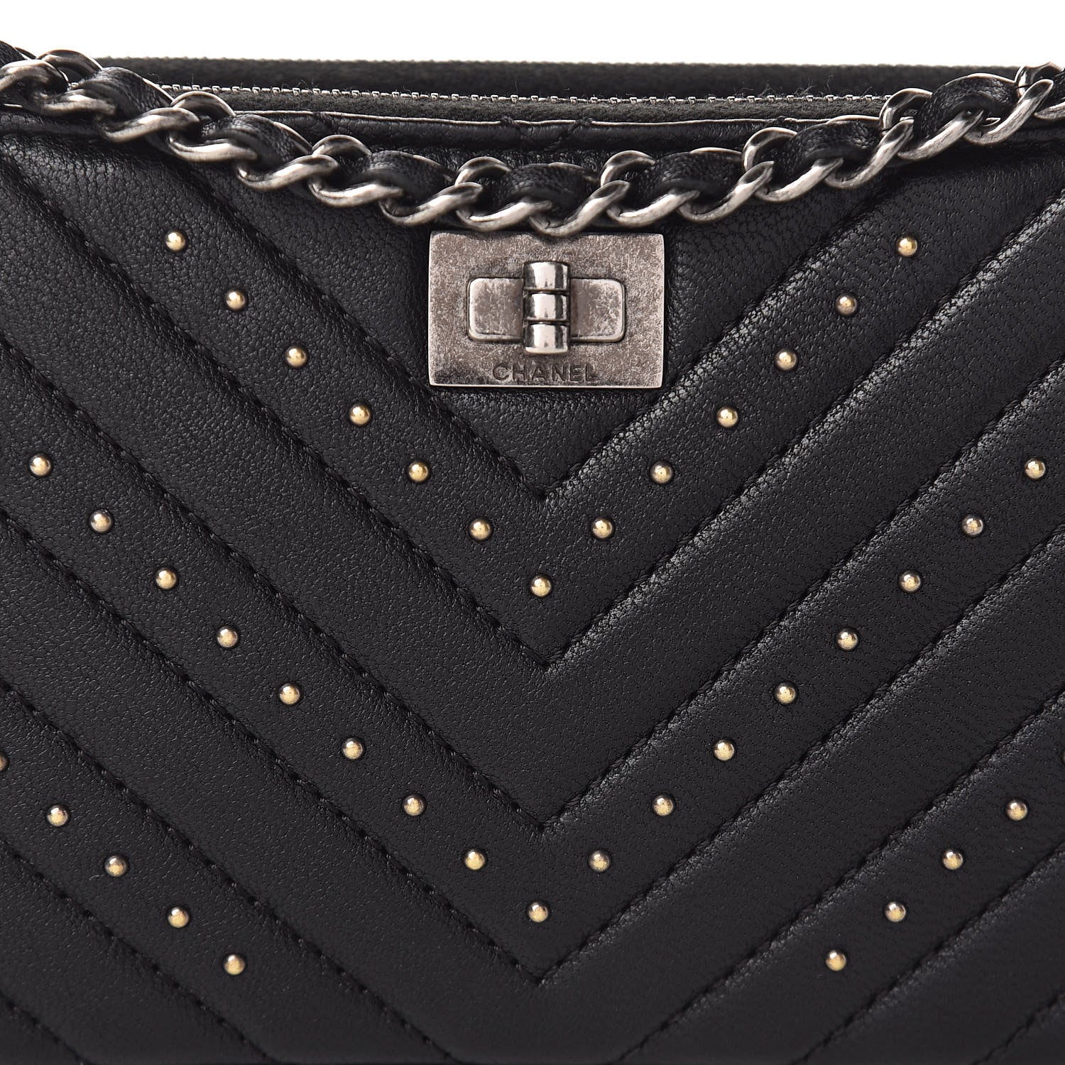 Chanel Sheepskin Chevron Quilted Studded Reissue Small Clutch With Chain Black 11 of 14