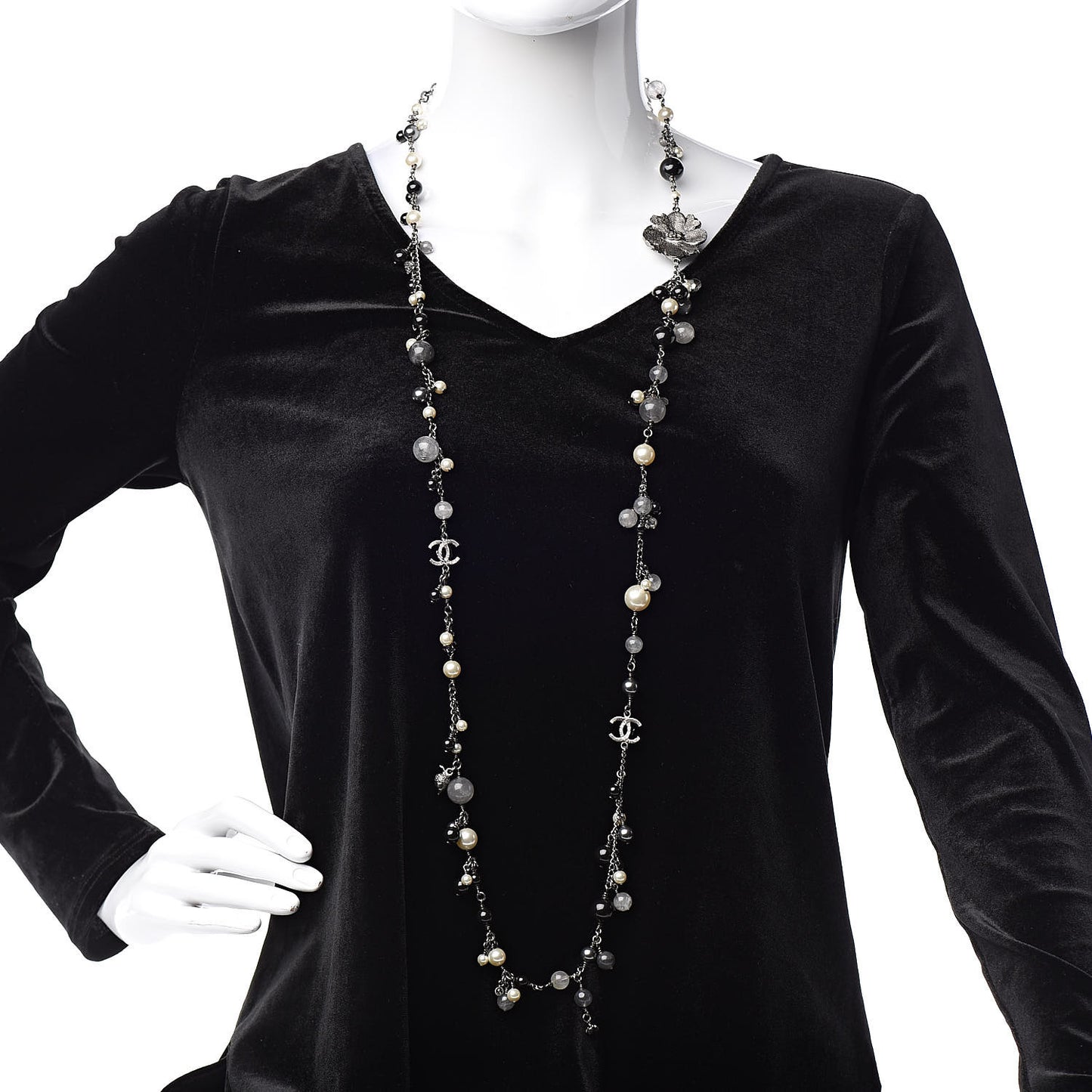 Pearl Crystal Bead CC Long Necklace Black