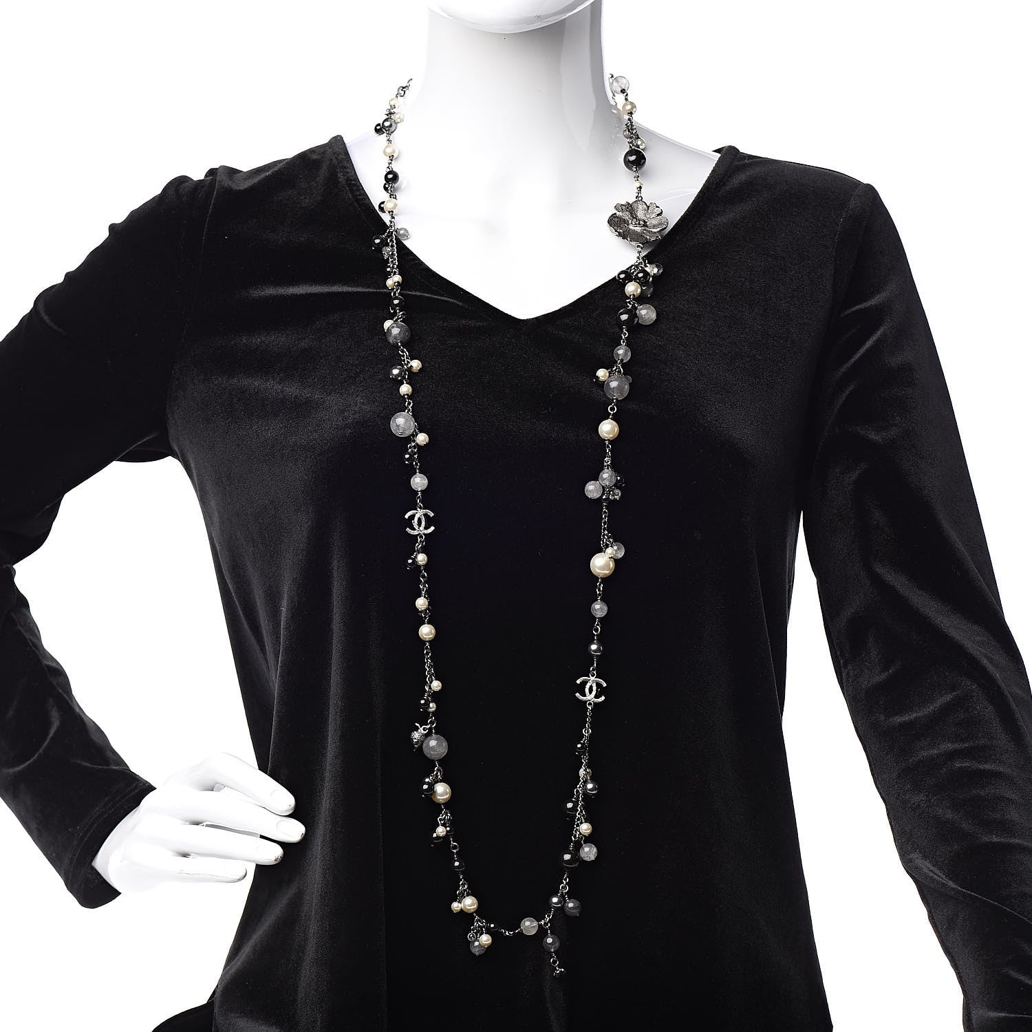 Chanel Pearl Crystal Bead CC Long Necklace Black 2 of 5