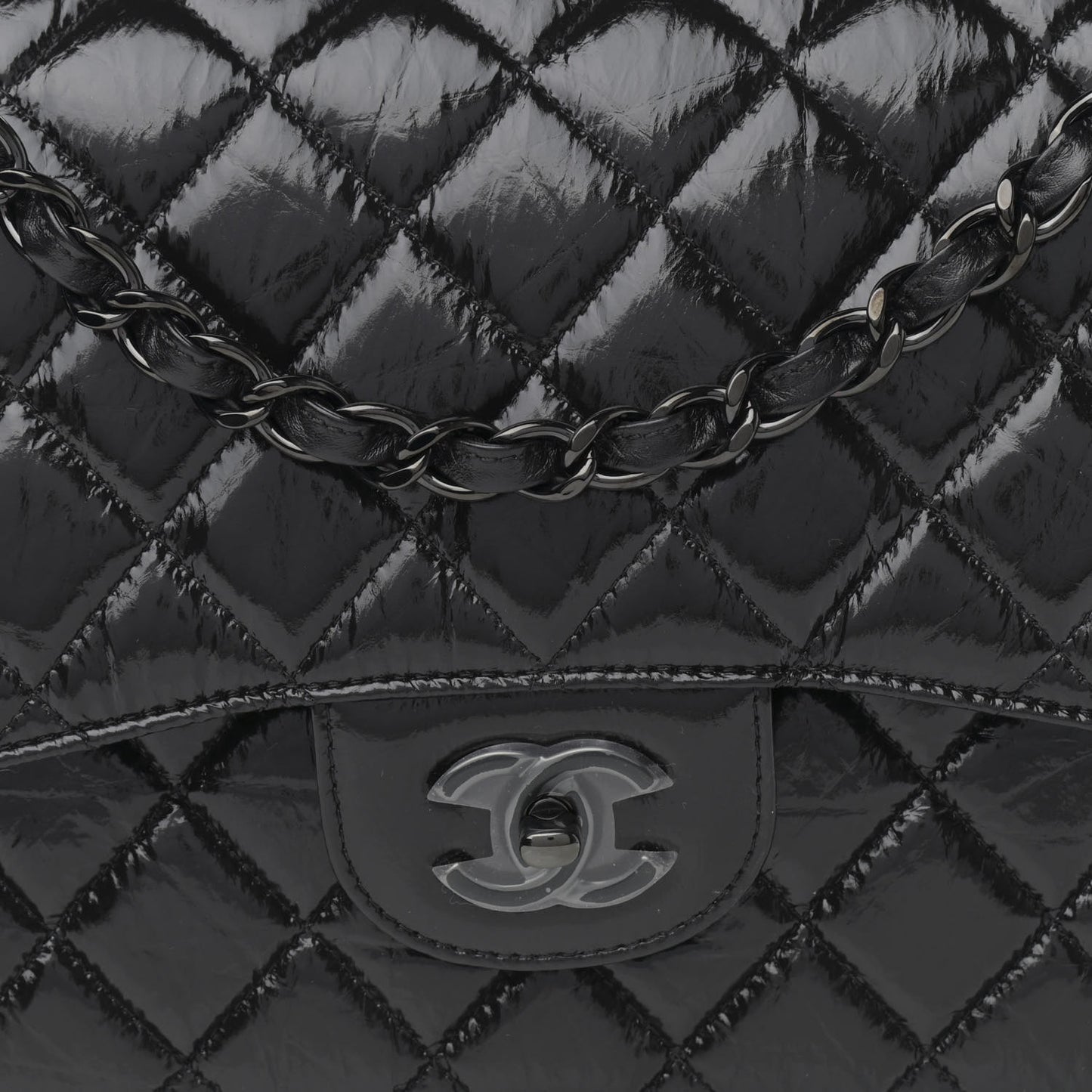 Shiny Distressed Calfskin Quilted Jumbo Double Flap So Black