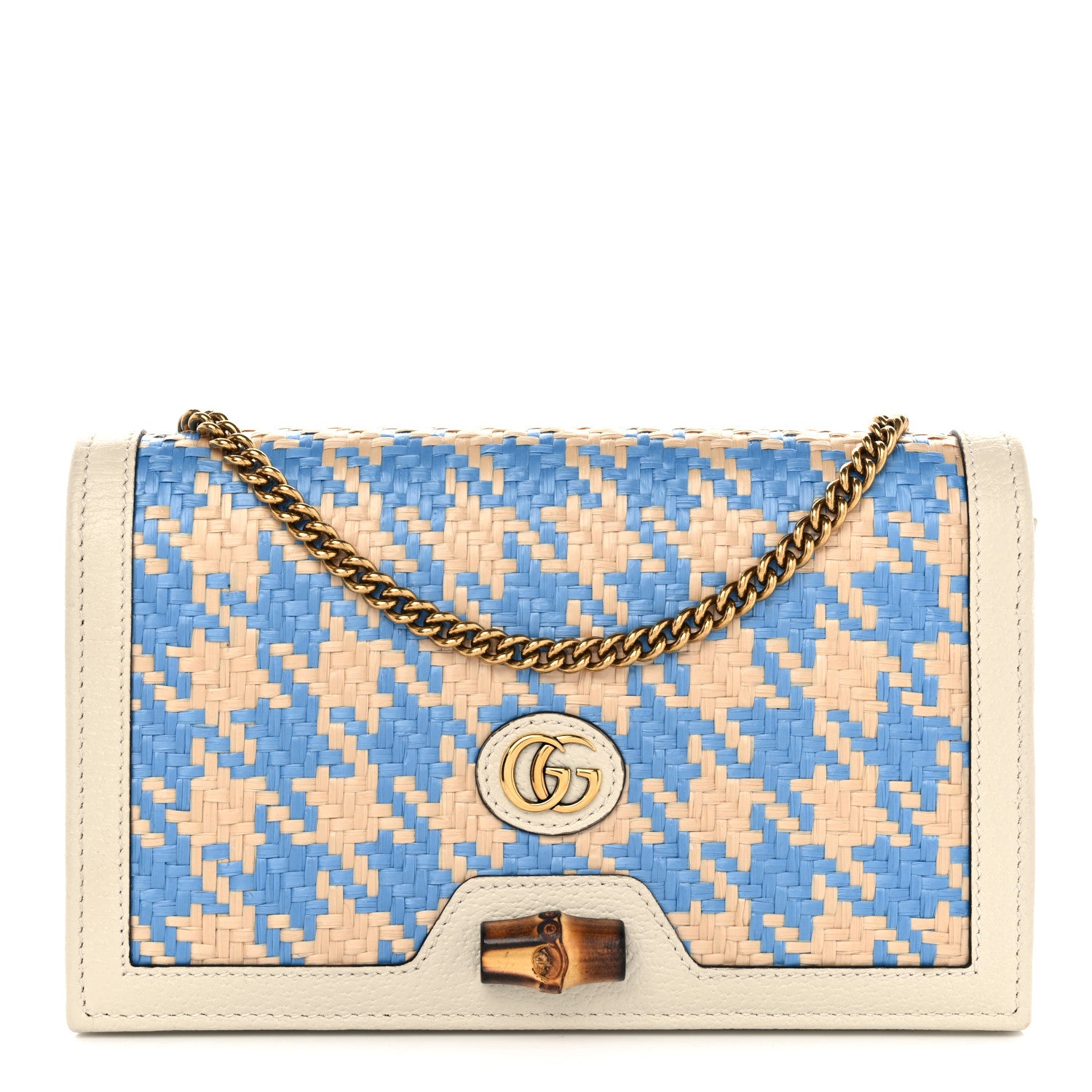 Gucci Polished Raffia Textured Dollar Calfskin Houndstooth Mini Diana Chain Bag Natural Light Blue Mystic White 1 of 10