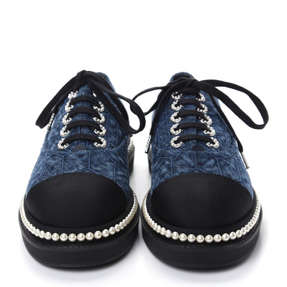 Chanel Denim Grosgrain Camellia Pearl Lace Up Sneakers 38.5 Blue Black 2 of 11