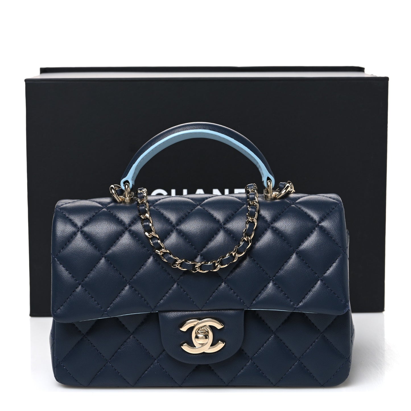 Lambskin Quilted Bi-Color Mini Top Handle Rectangular Flap Navy Blue Light Blue