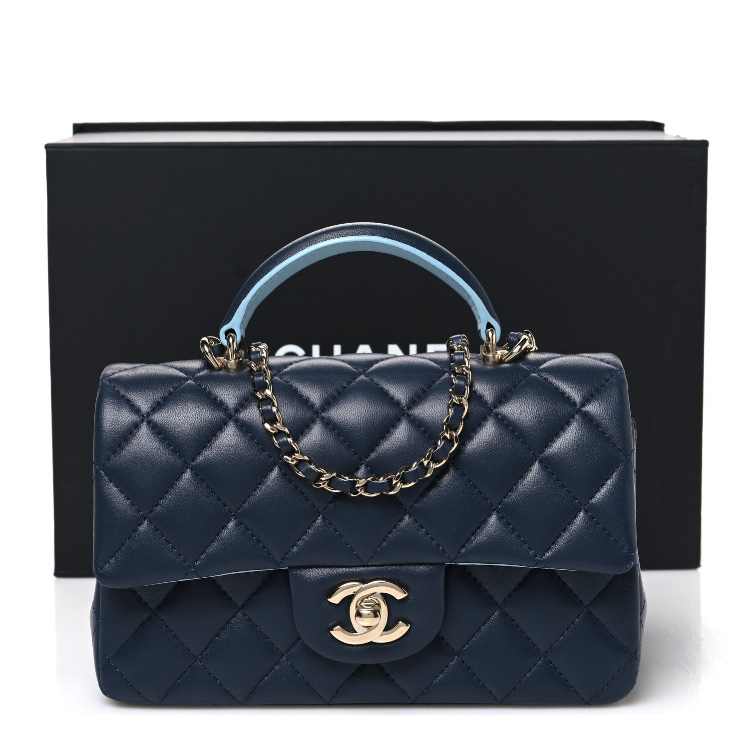 Chanel Lambskin Quilted Bi-Color Mini Top Handle Rectangular Flap Navy Blue Light Blue 11 of 11
