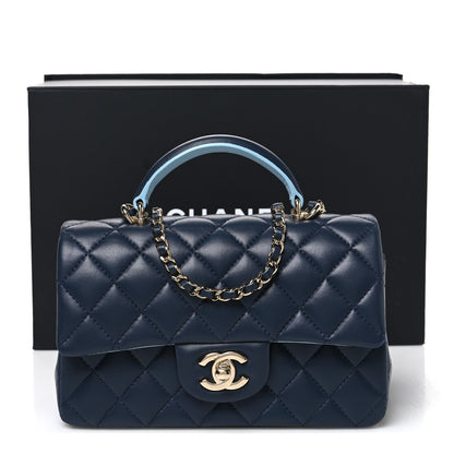 Chanel Lambskin Quilted Bi-Color Mini Top Handle Rectangular Flap Navy Blue Light Blue 11 of 11