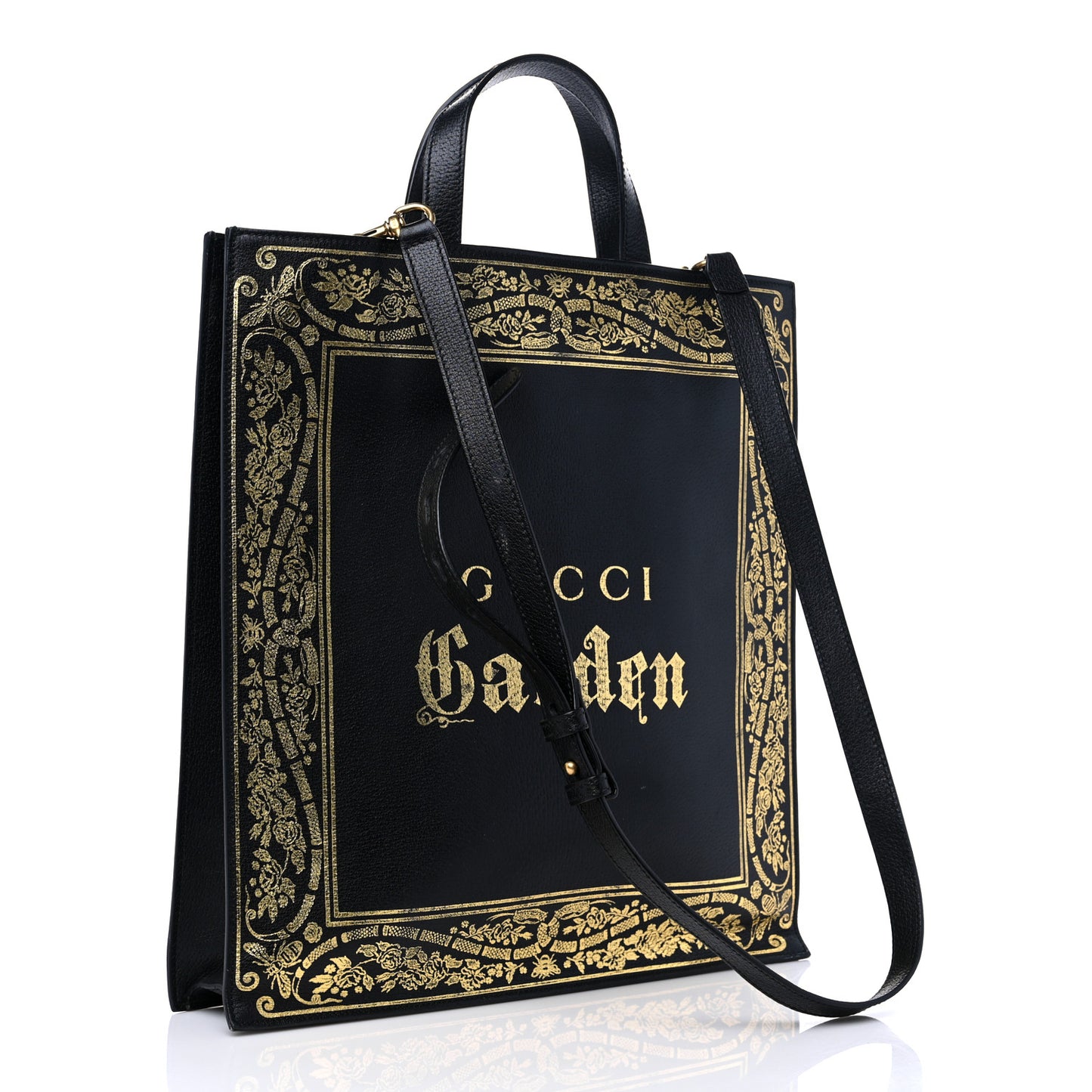 Textured Calfskin Garden Bat Vertical Shopping Tote Black