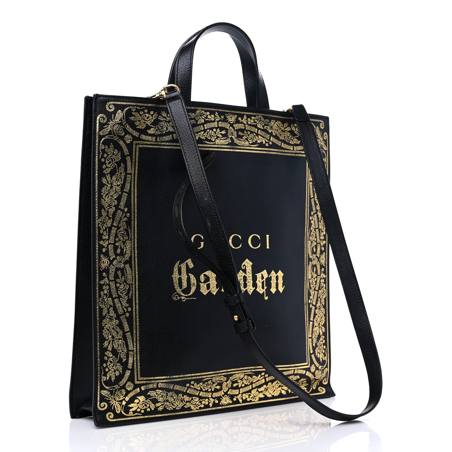 Gucci Textured Calfskin Garden Bat Vertical Shopping Tote Black 2 of 14