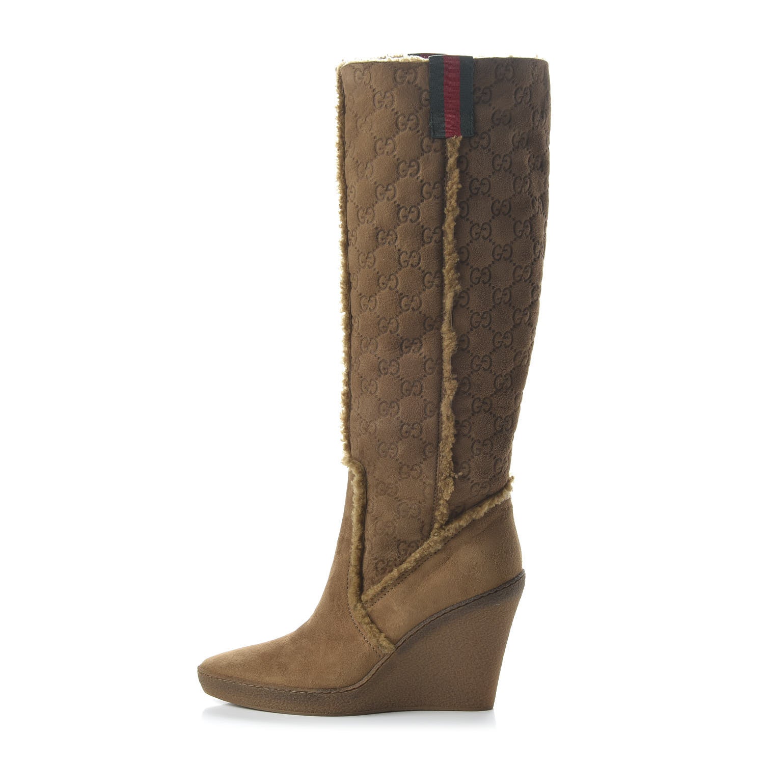 Gucci Suede Shearling Fur Microguccissima Courtney Tall Wedge Boots 8 Beige 1 of 7