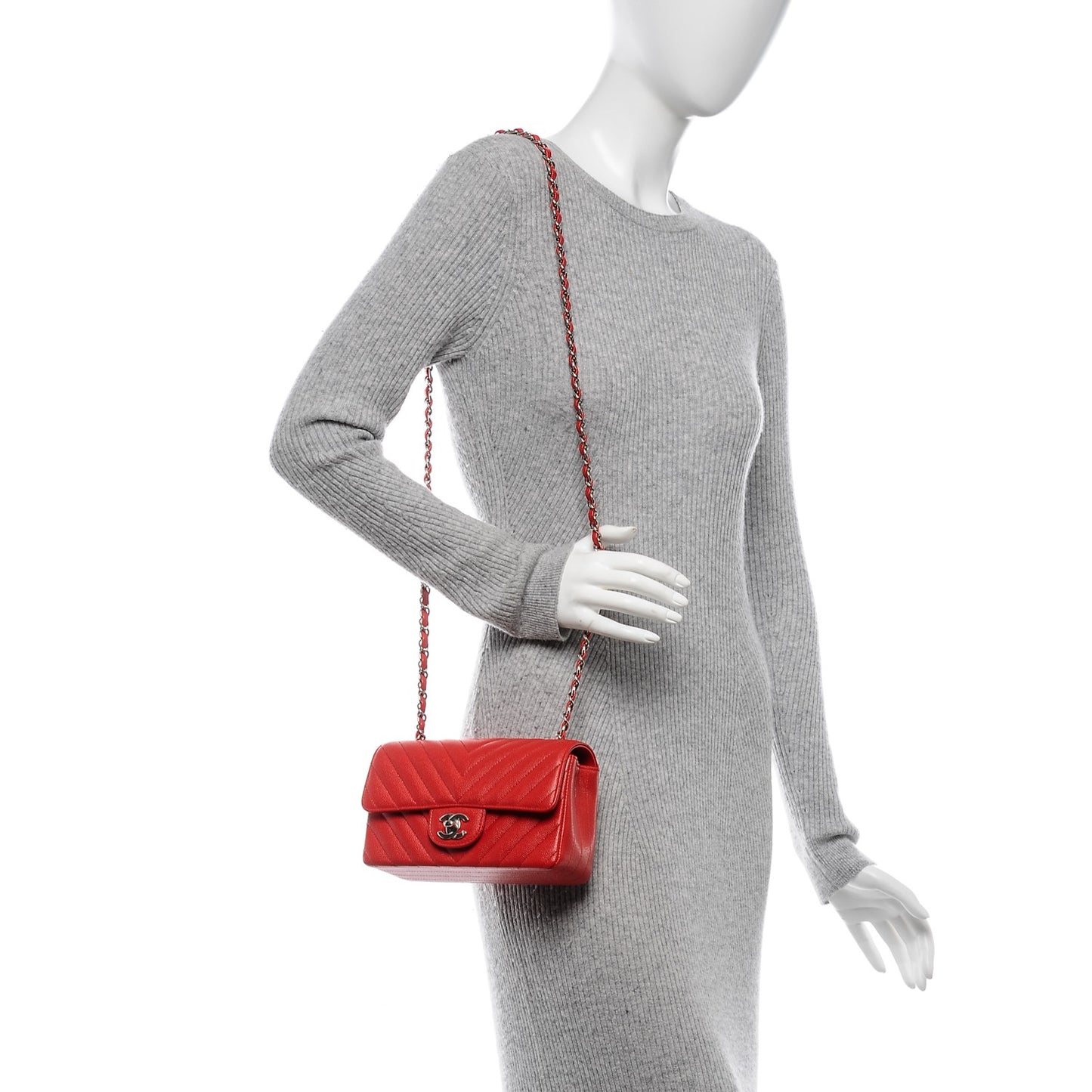 Caviar Chevron Quilted Mini Rectangular Flap Red
