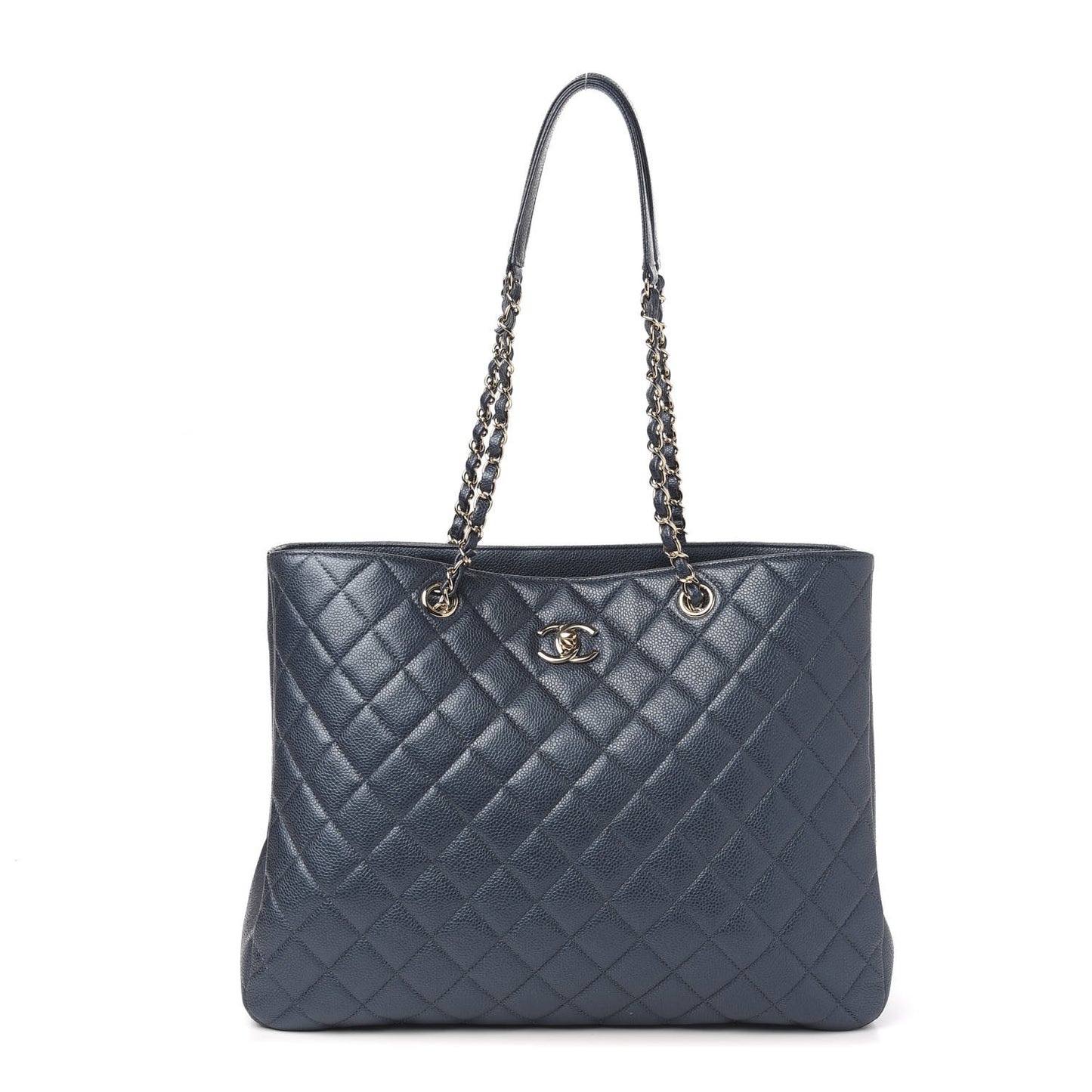 Metallic Caviar Quilted Large Classic Shopping Tote Dark Blue