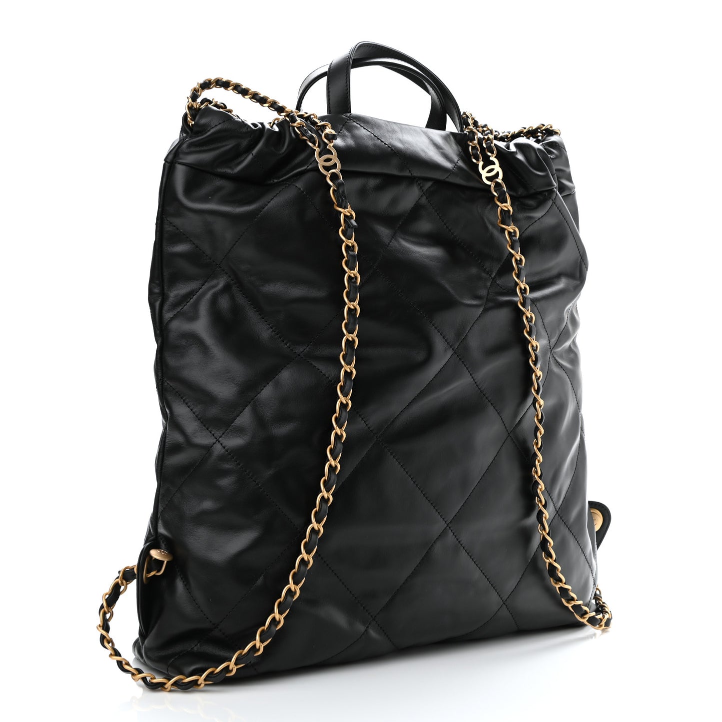 Shiny Calfskin Quilted Chanel 22 Backpack Black