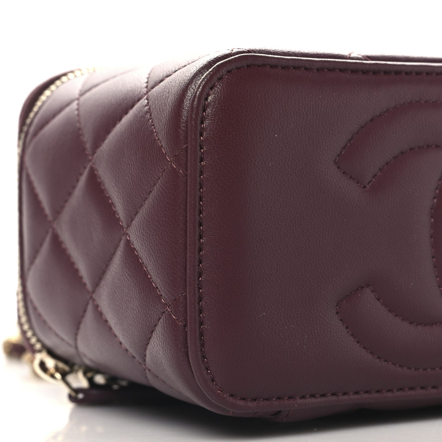 Lambskin Quilted Metal Small Top Handle Vanity Case With Chain Burgundy