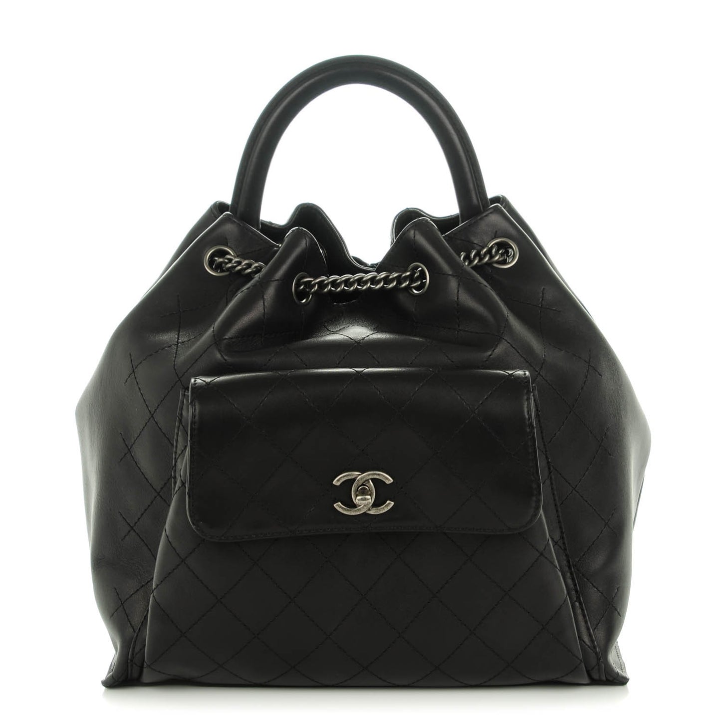 Calfskin Stitched Large Urban Luxury Drawstring Backpack Black