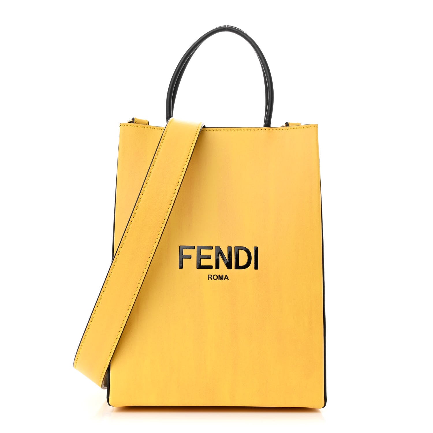 Fendi Vitello Fluffy Logo Small Pack Shopper Tote Yellow Box Black 1 of 11