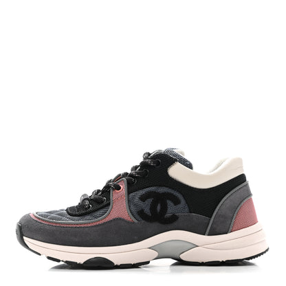 Chanel Nylon Calfskin Suede Womens CC Sneakers 37 Grey Pink 1 of 12