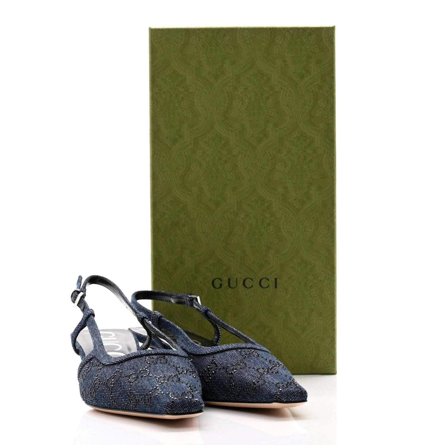 Gucci Denim GG Monogram Malaga Kid Crystal Square G 35mm Slingback Pumps 39 Blue 10 of 10
