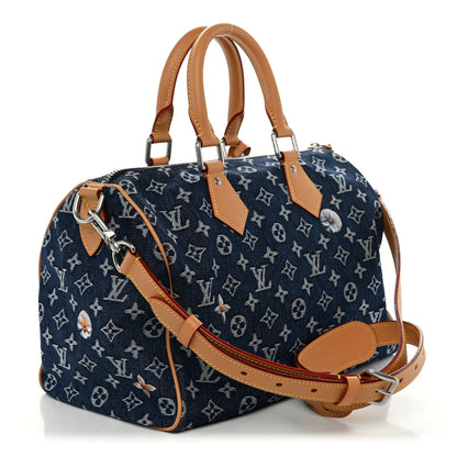 Louis Vuitton Monogram Heritage Denim Flowers Speedy Soft 30 Blue 3 of 9