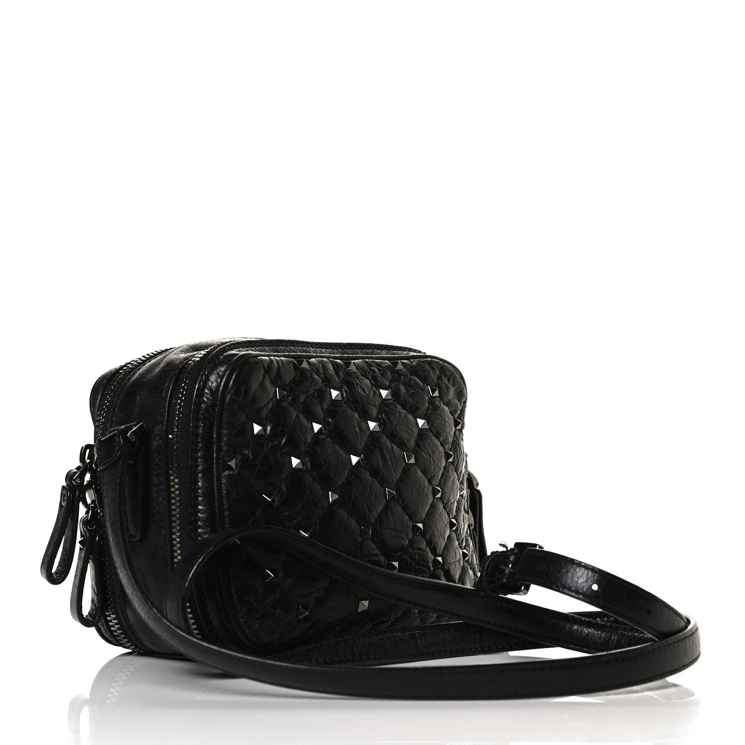Valentino Garavani Craquele Nappa Rockstud Spike Double Zip Camera Crossbody Bag Black 2 of 12