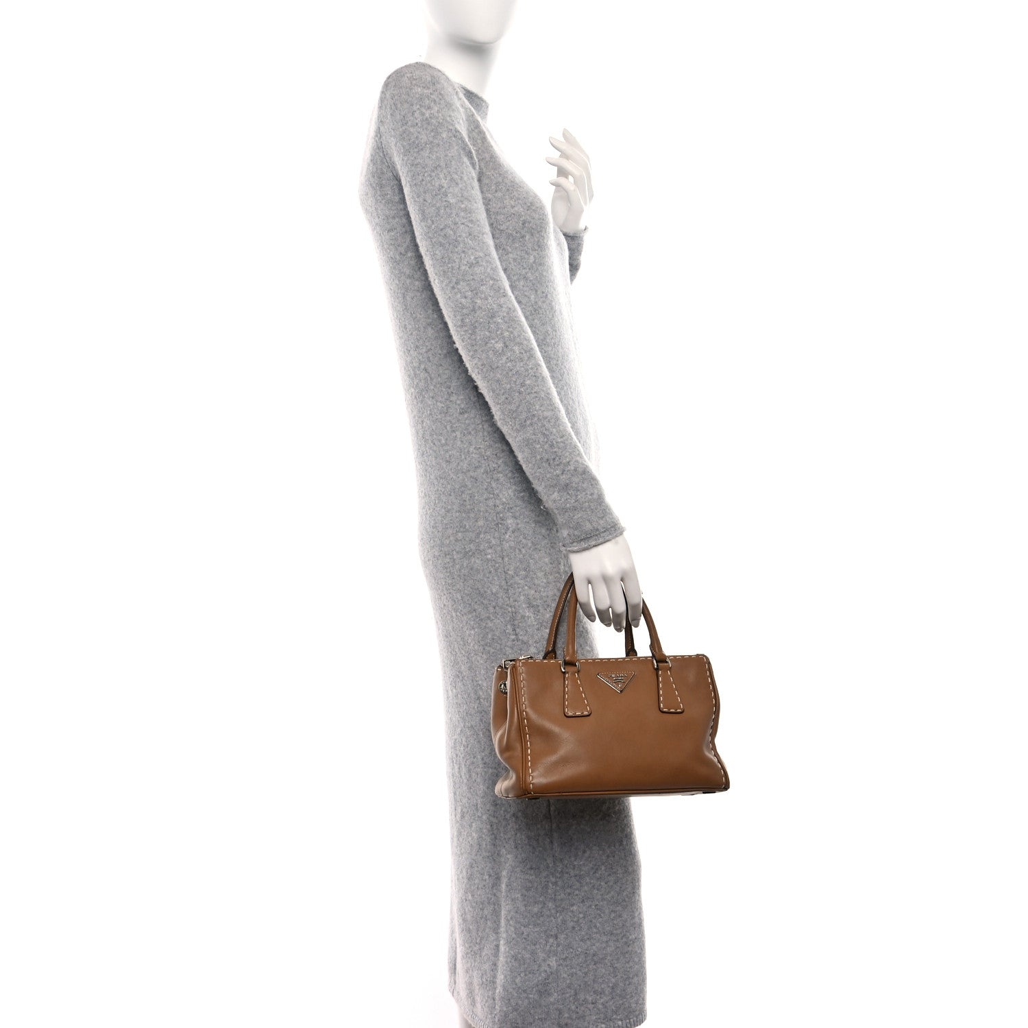 Prada City Calf Mini Hand Stitched Galleria Double Zip Tote Caramel 2 of 14